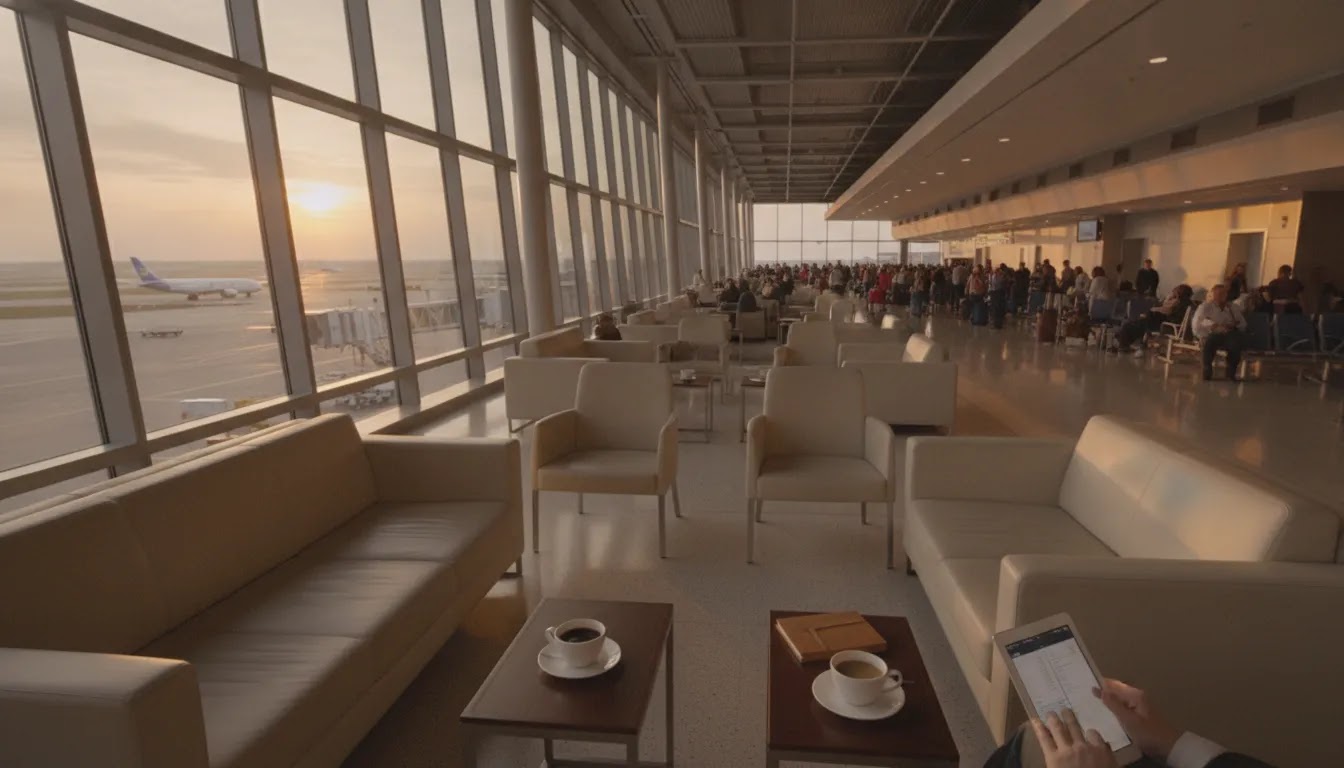Business class flights vs economy airport experience with lounge comfort and busy gate contrast