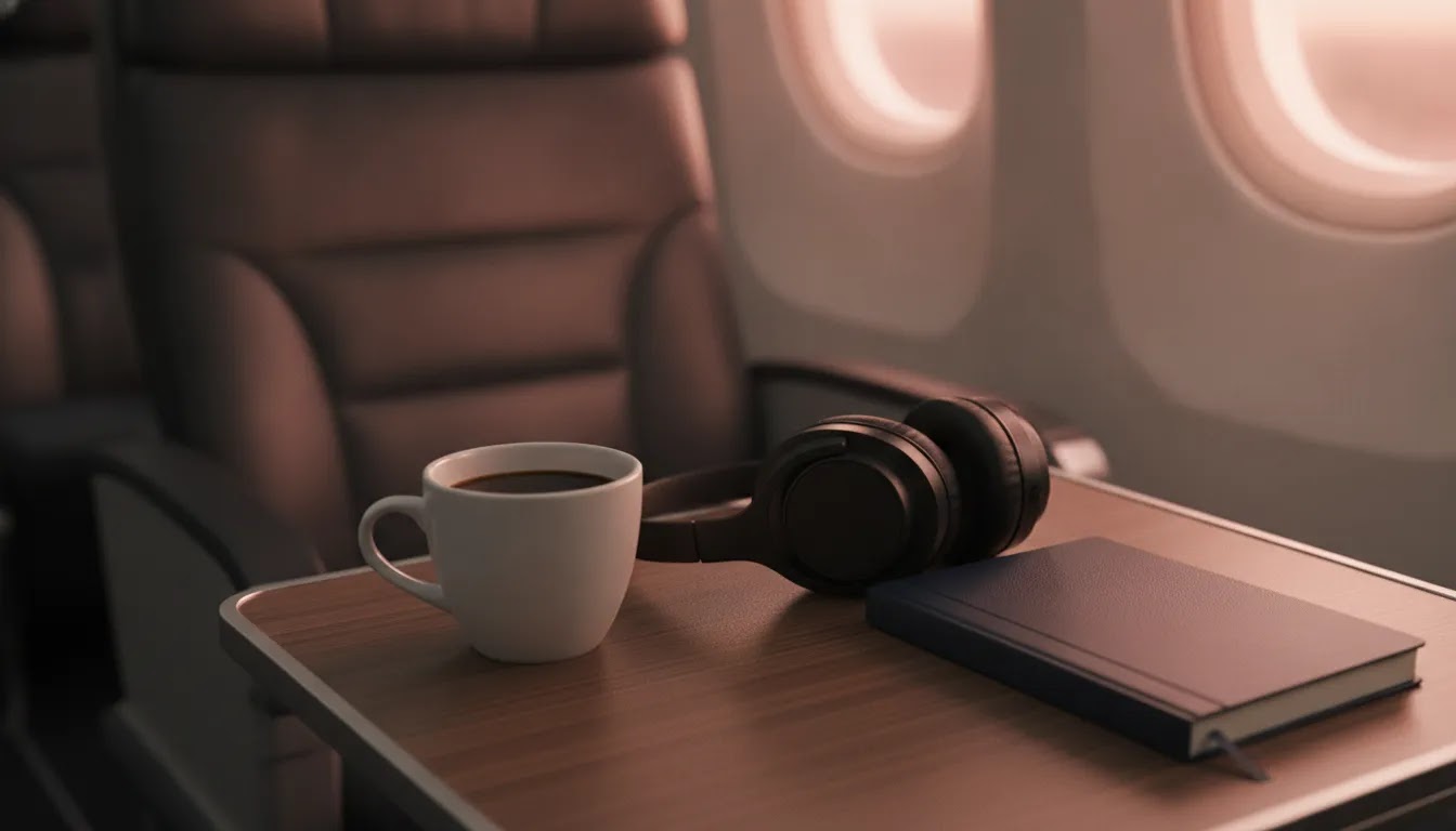 Flying business class for work detail showing a productive in-flight setup with coffee, headphones, and notebook