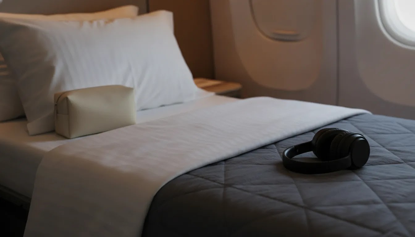 Business class in flight amenities 2025 including bedding, headphones, and premium comfort details