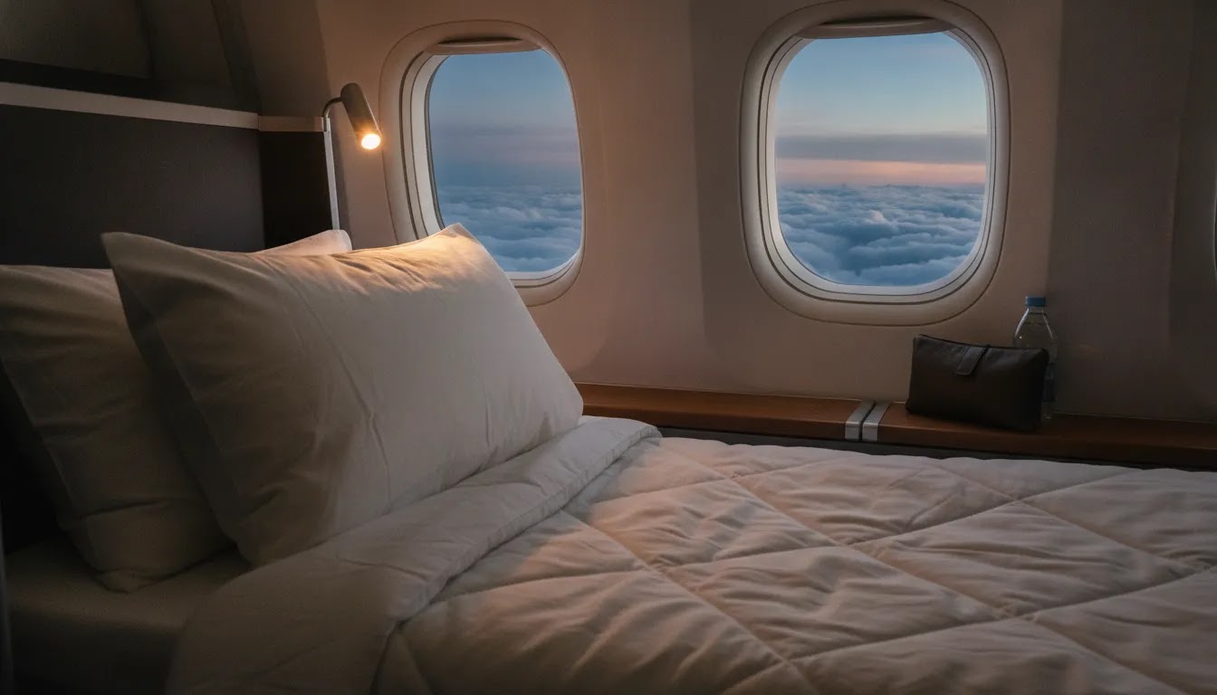 What is business class on international flights shown through a realistic lie flat sleep setup detail