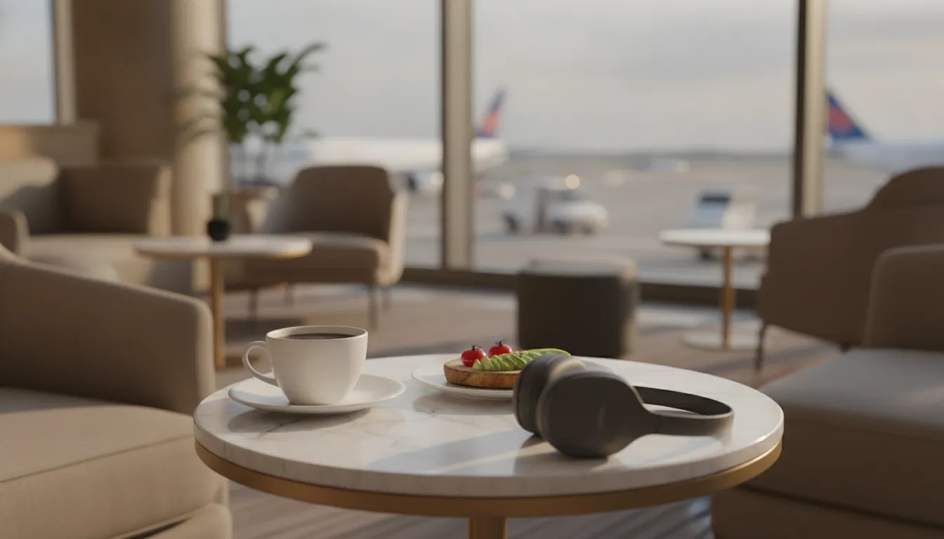 Business class lounge access interior showing dining and quiet premium seating