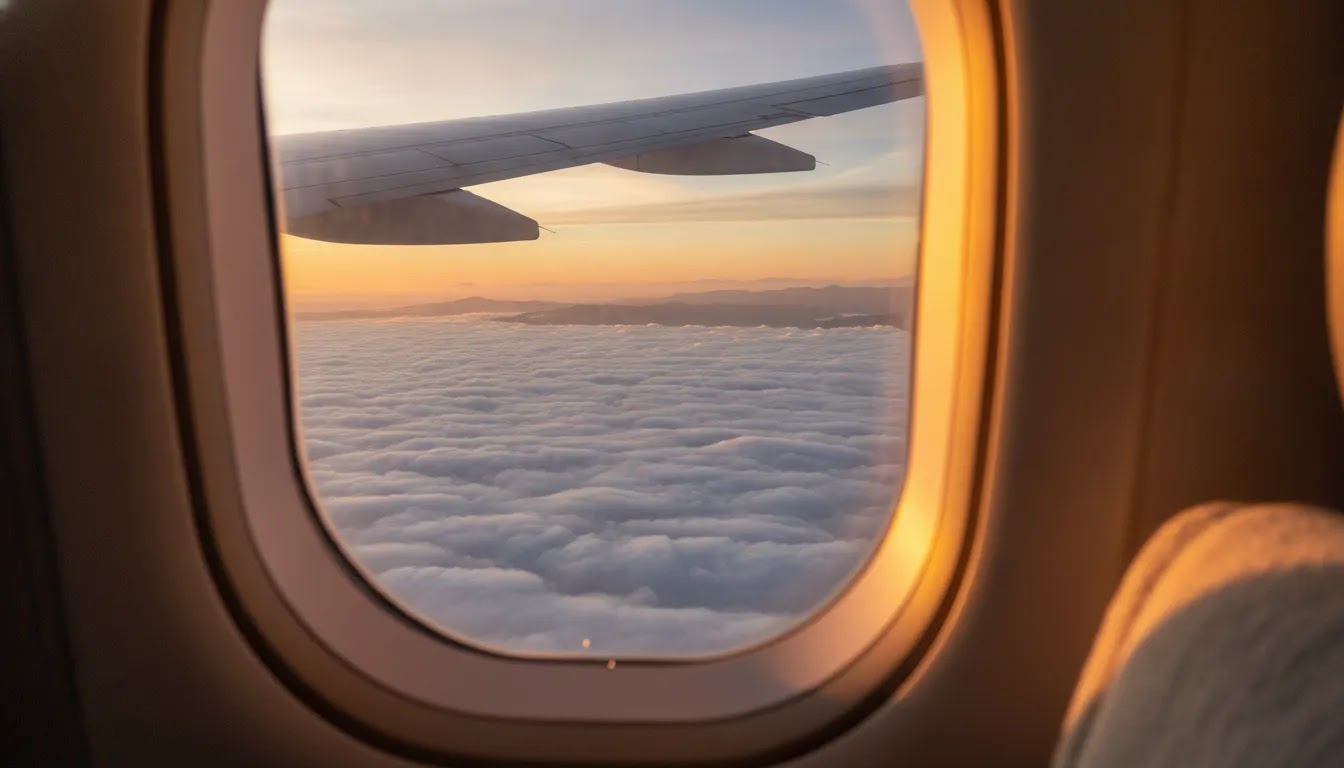 How many points to fly business class to Europe and Asia shown through a long haul window view