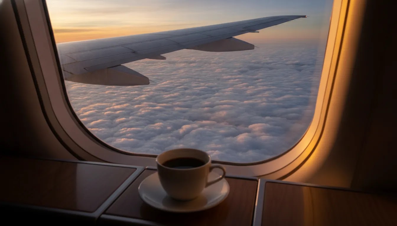 Most affordable flight bundles for business class illustrated with long haul route and window view