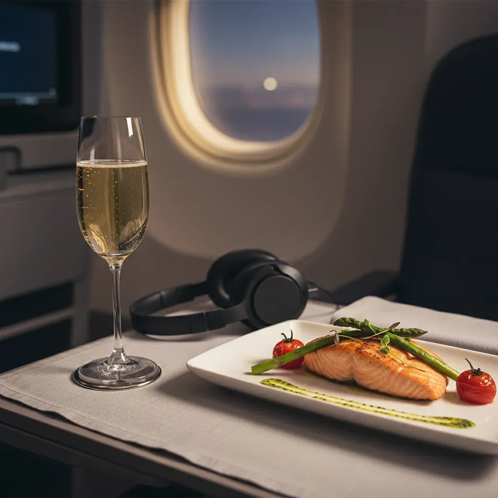 Affordable business class tickets shown through premium onboard meal and champagne detail