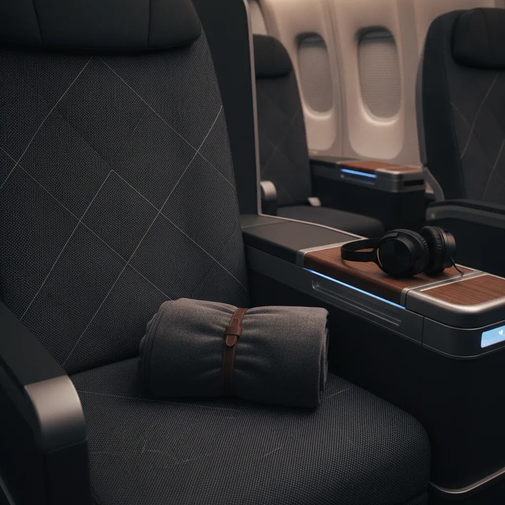 Business class flights from DFW seat detail showing lie-flat comfort and premium cabin materials