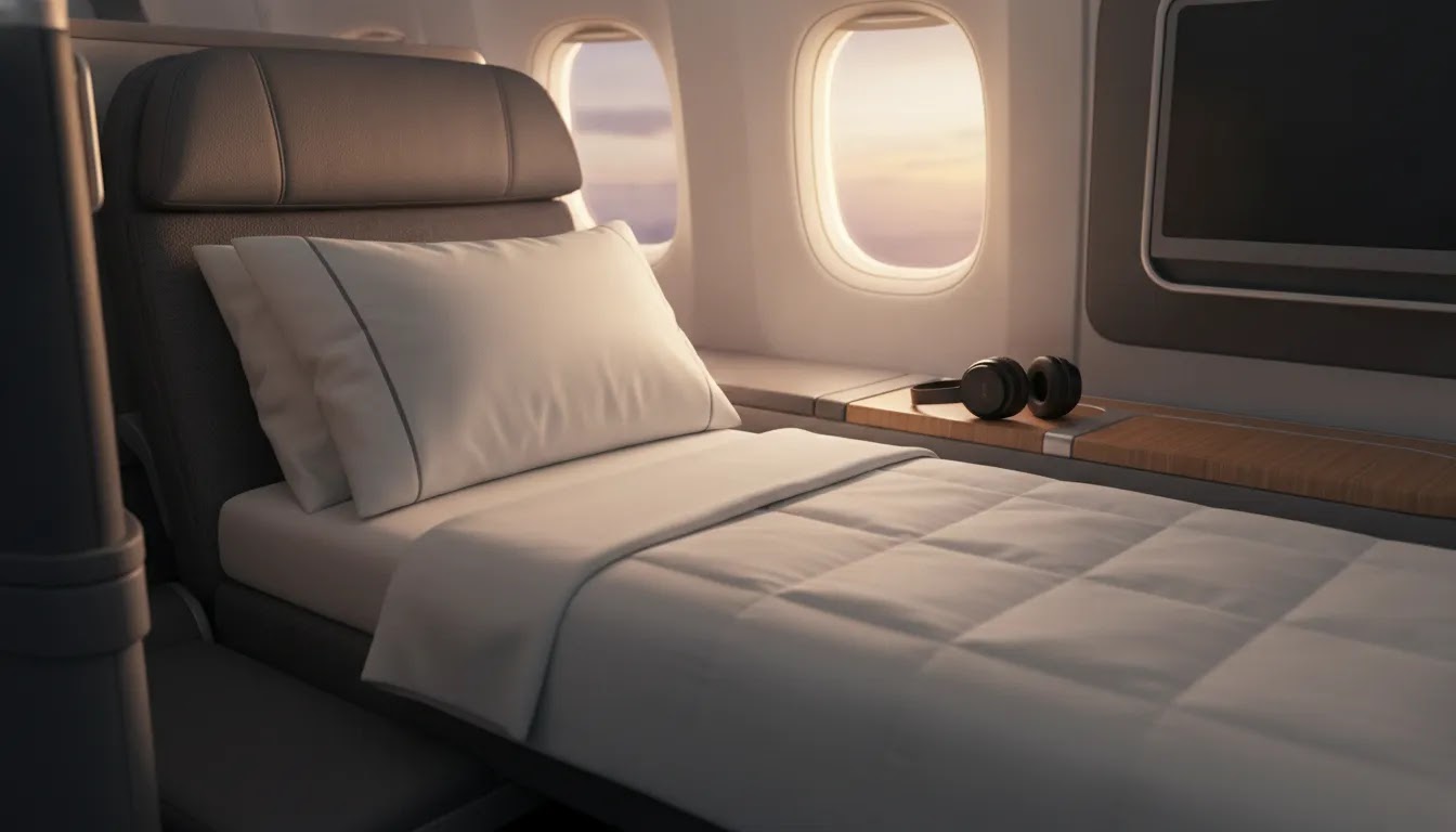 Business class flight vs economy image highlighting lie-flat sleep comfort on an international flight