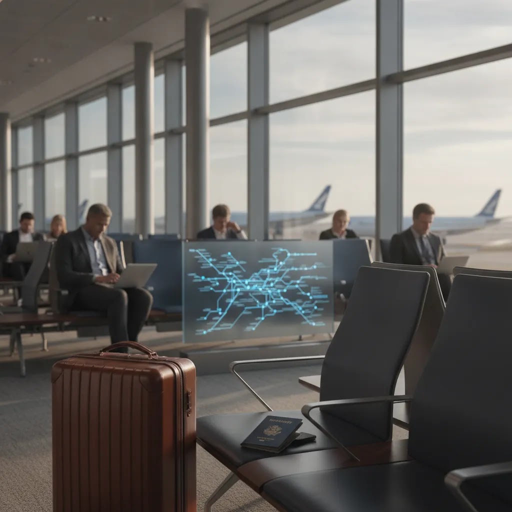 Cheap business class tickets to Australia routing strategy illustrated by a premium airport departure gate scene