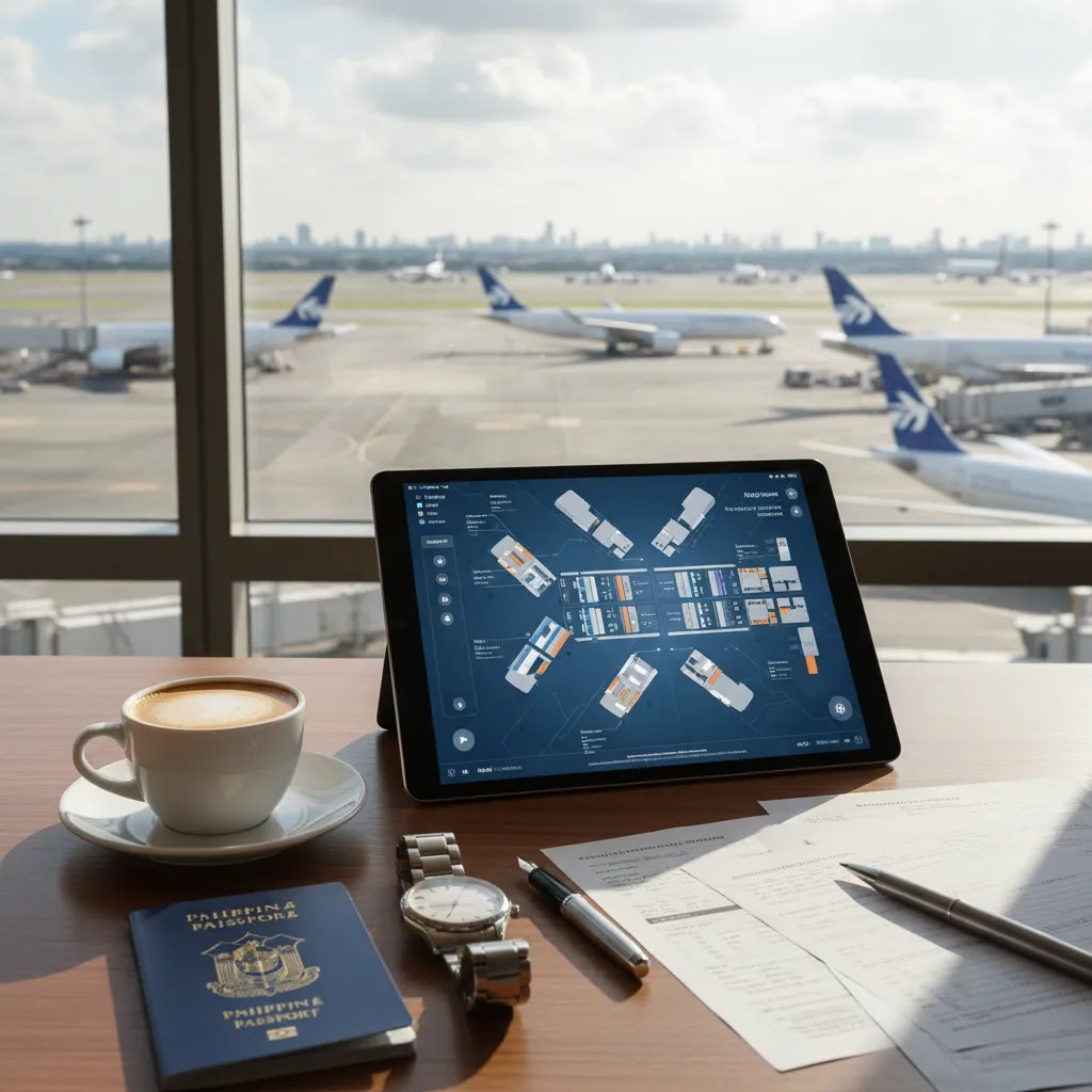 Business class tickets to Philippines planning scene with seat map review and premium travel booking details