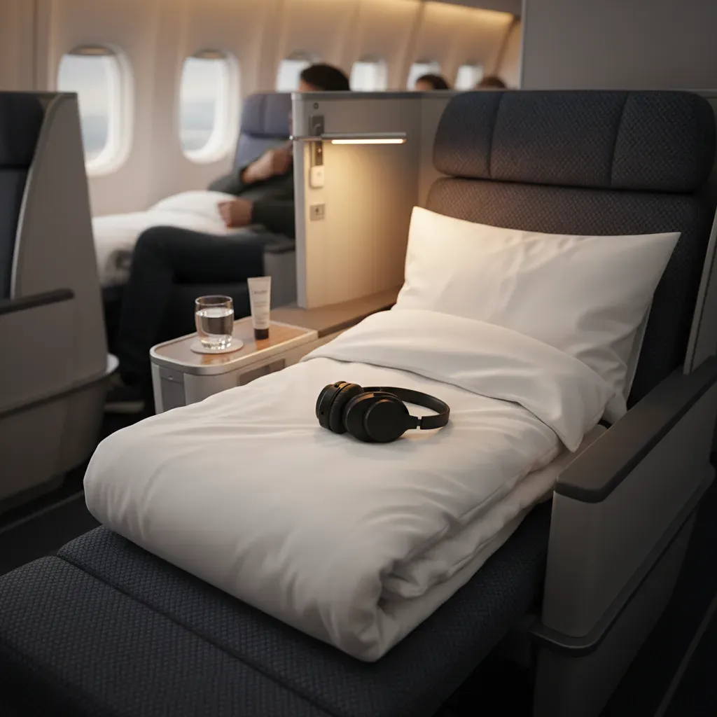 Business class tickets to Shanghai with lie-flat comfort and premium bedding detail