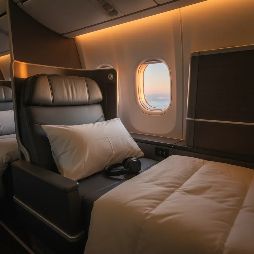 Business class flight to London seat detail with lie-flat bedding and premium cabin amenities for overnight comfort