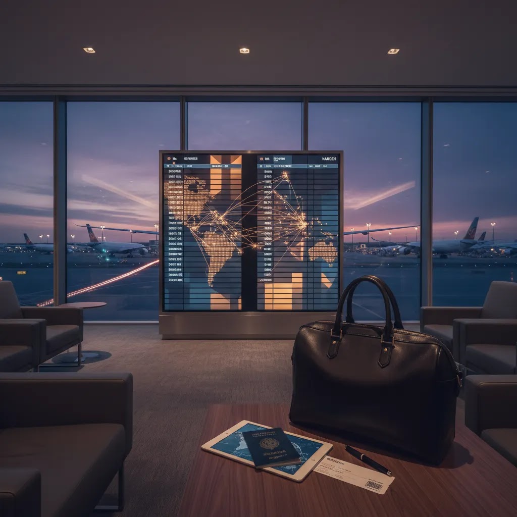 Business class to Nairobi routing strategy visual in a premium international airport terminal