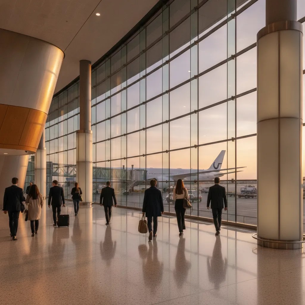 Business class flight to Rome nonstop route planning at an airport terminal