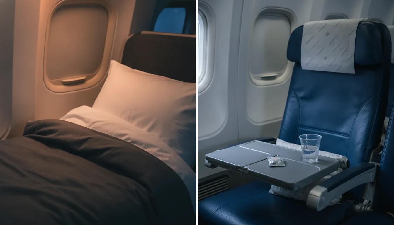 Is flying business class worth it comparison showing lie flat sleep comfort versus standard seat detail