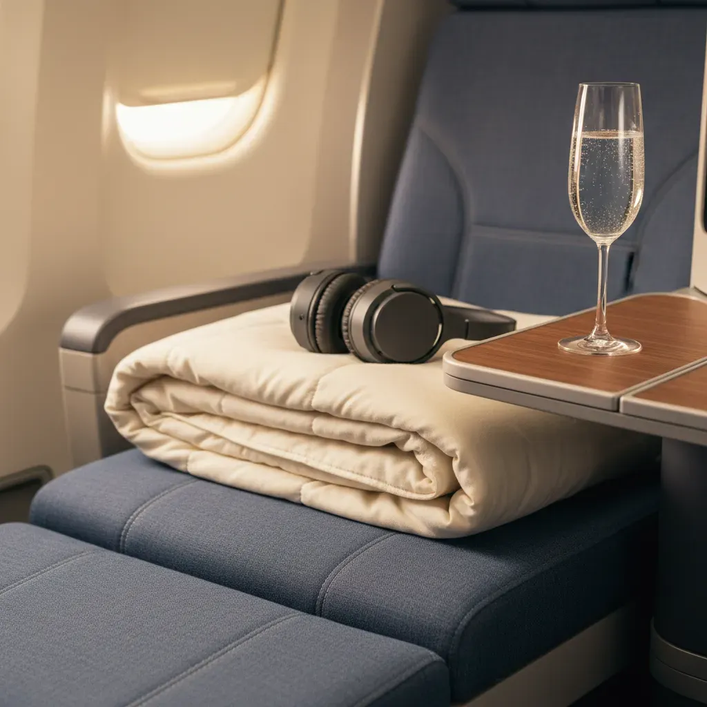 Cheap business class to India represented by a close-up premium seat and amenity detail