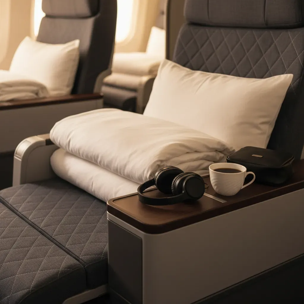 Cheap business class flights to South America illustrated by premium seat, bedding, and amenity details