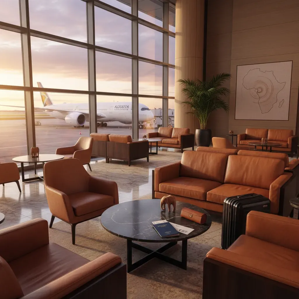 Cheap business class tickets to Africa shown through a luxury airport lounge and long-haul boarding scene