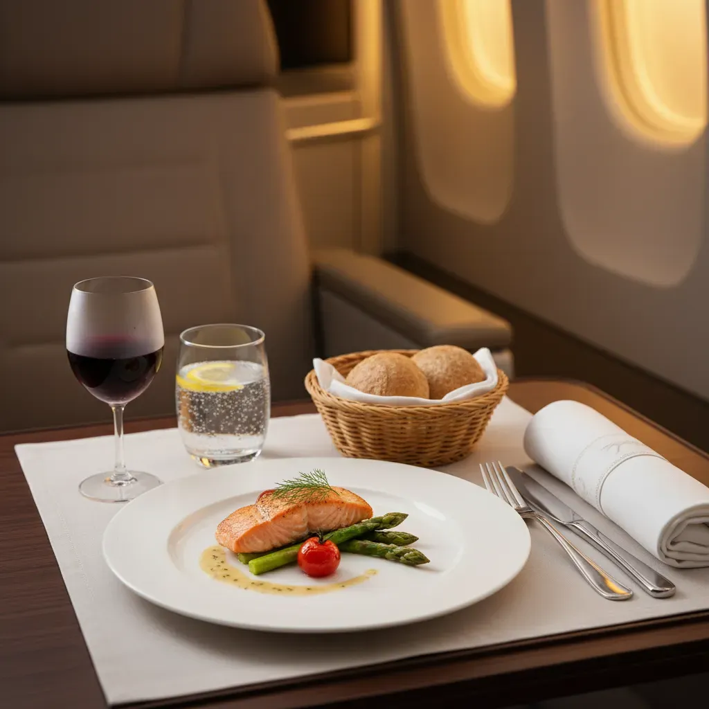 Cheap business class tickets to Middle East illustrated with premium onboard dining and lie-flat seat amenities