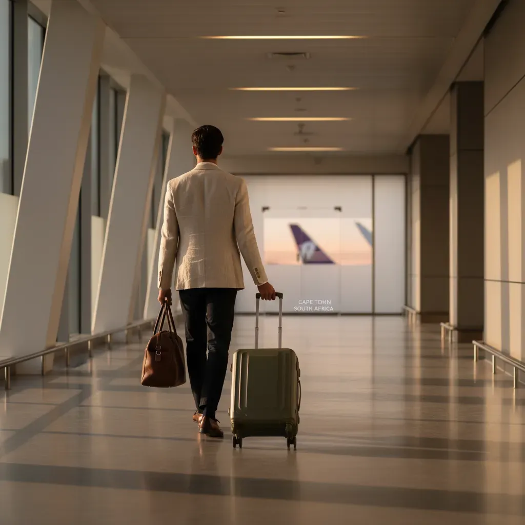 Cheap business class tickets to South Africa visualized in a luxury airport departure scene for premium travelers