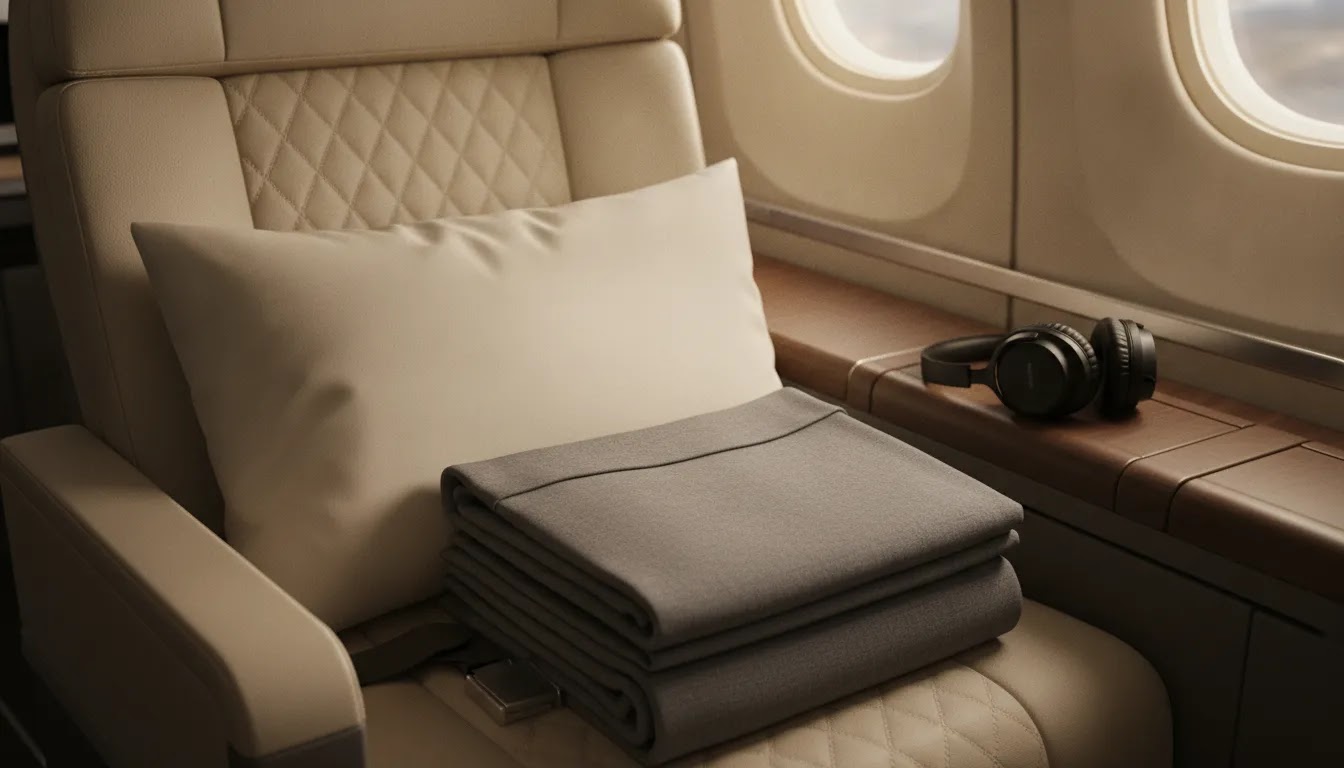 How to get first class flights cheap premium cabin detail with bedding and headphones