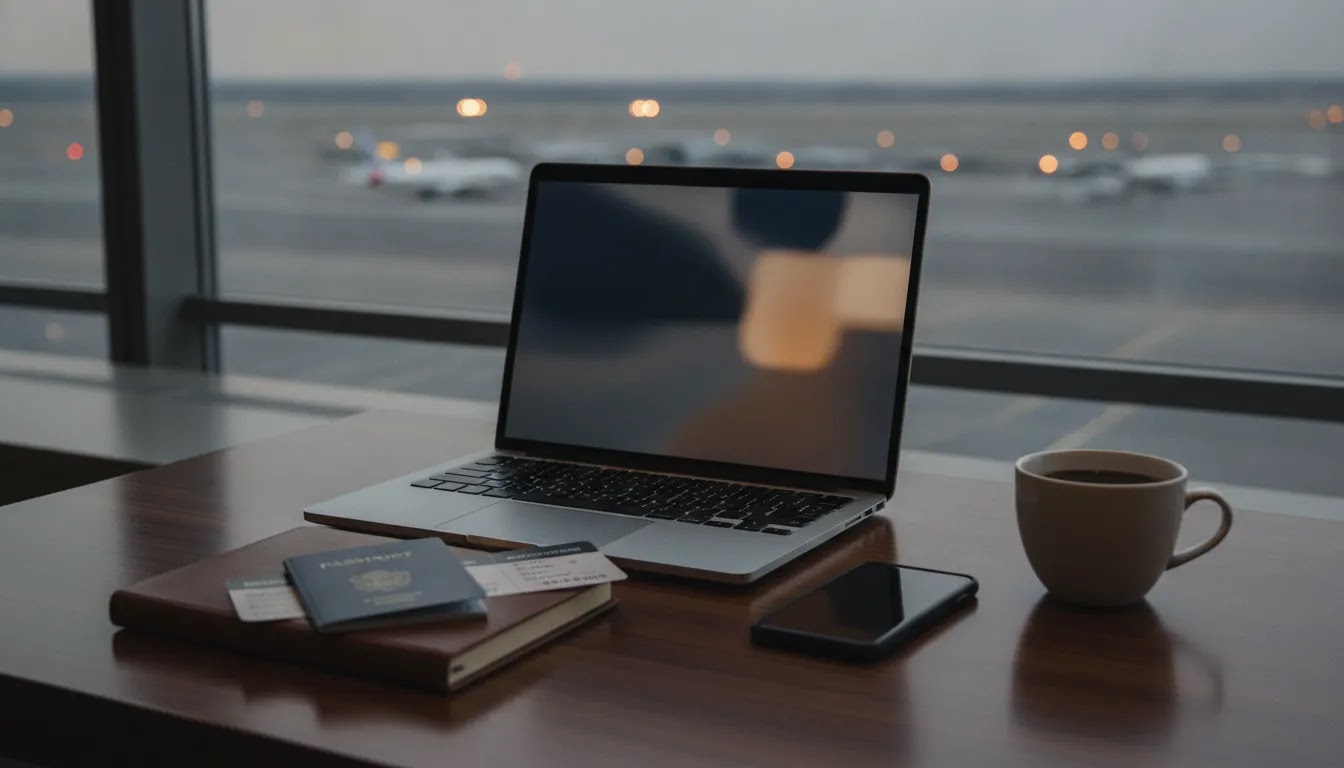 Cheap international business class tickets planning scene with premium travel booking setup