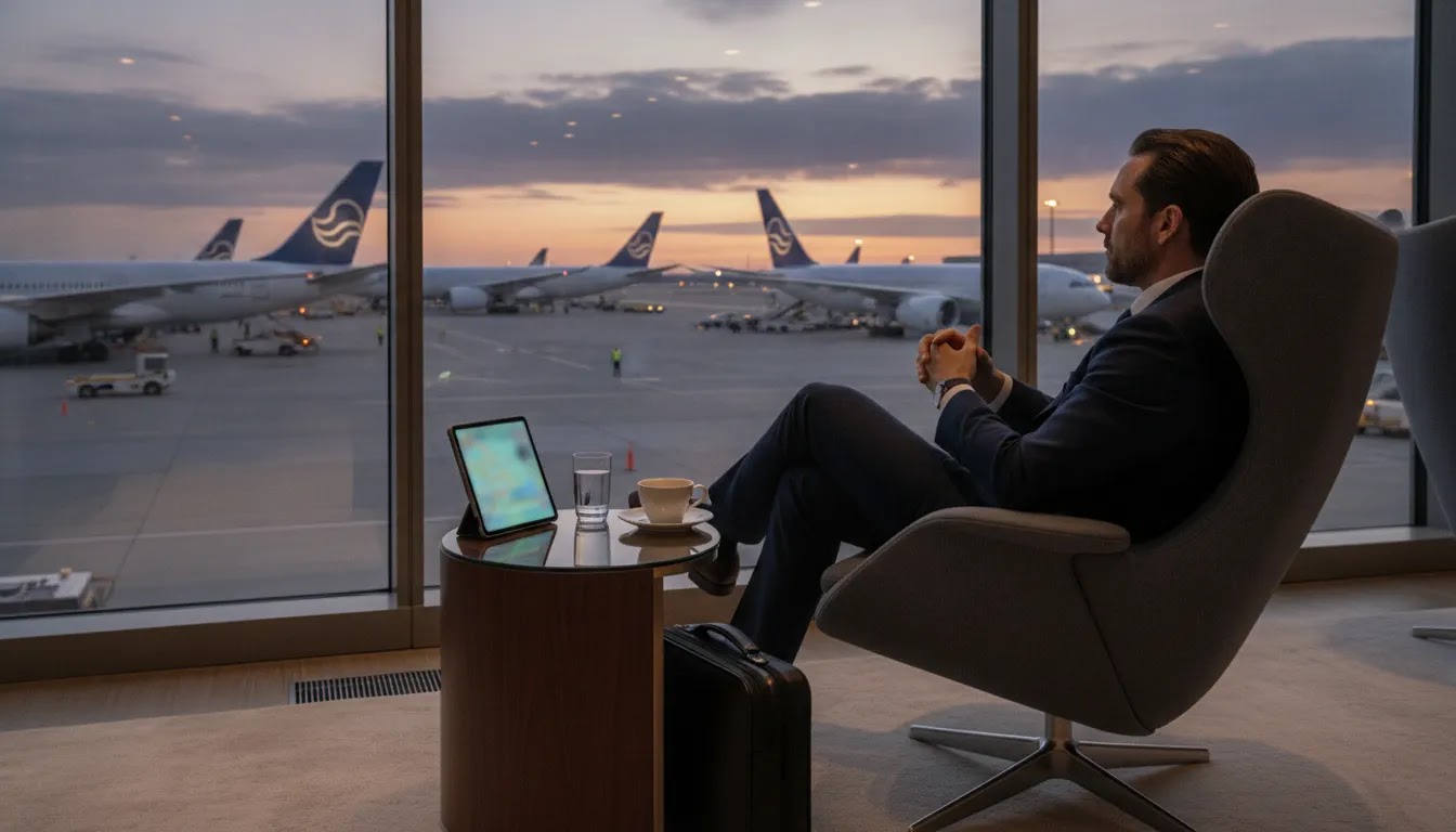 How to book first class flights with aircraft and route checking from an airport lounge
