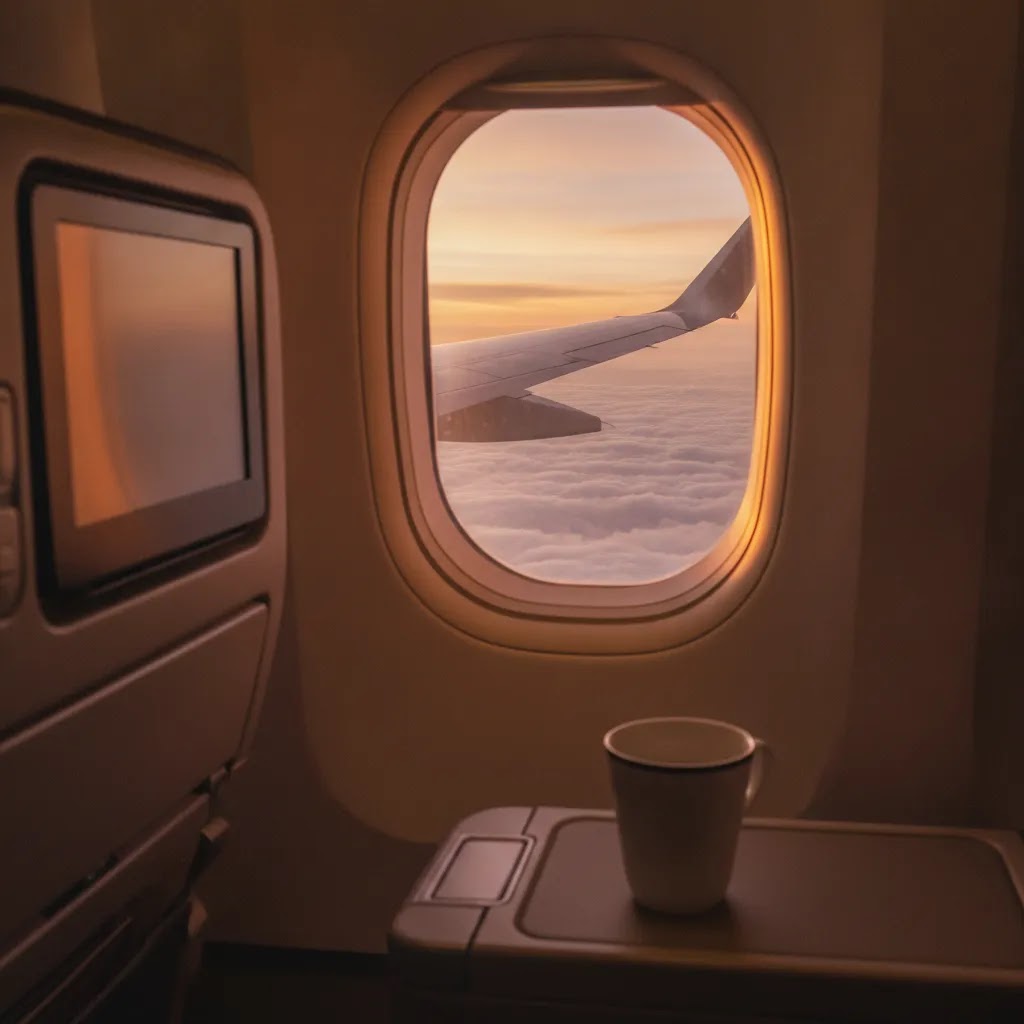 China Airlines premium economy A350 window view with wing at golden hour