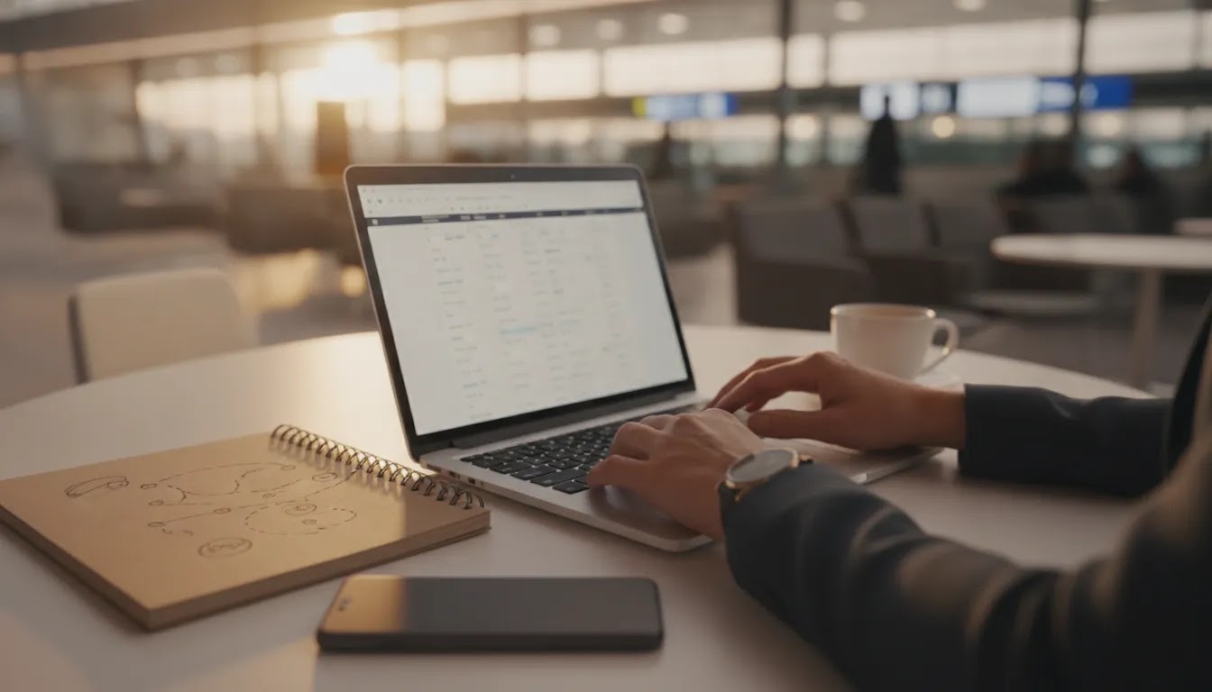 How to fly first class with points using flexible rewards and award search planning on laptop and phone