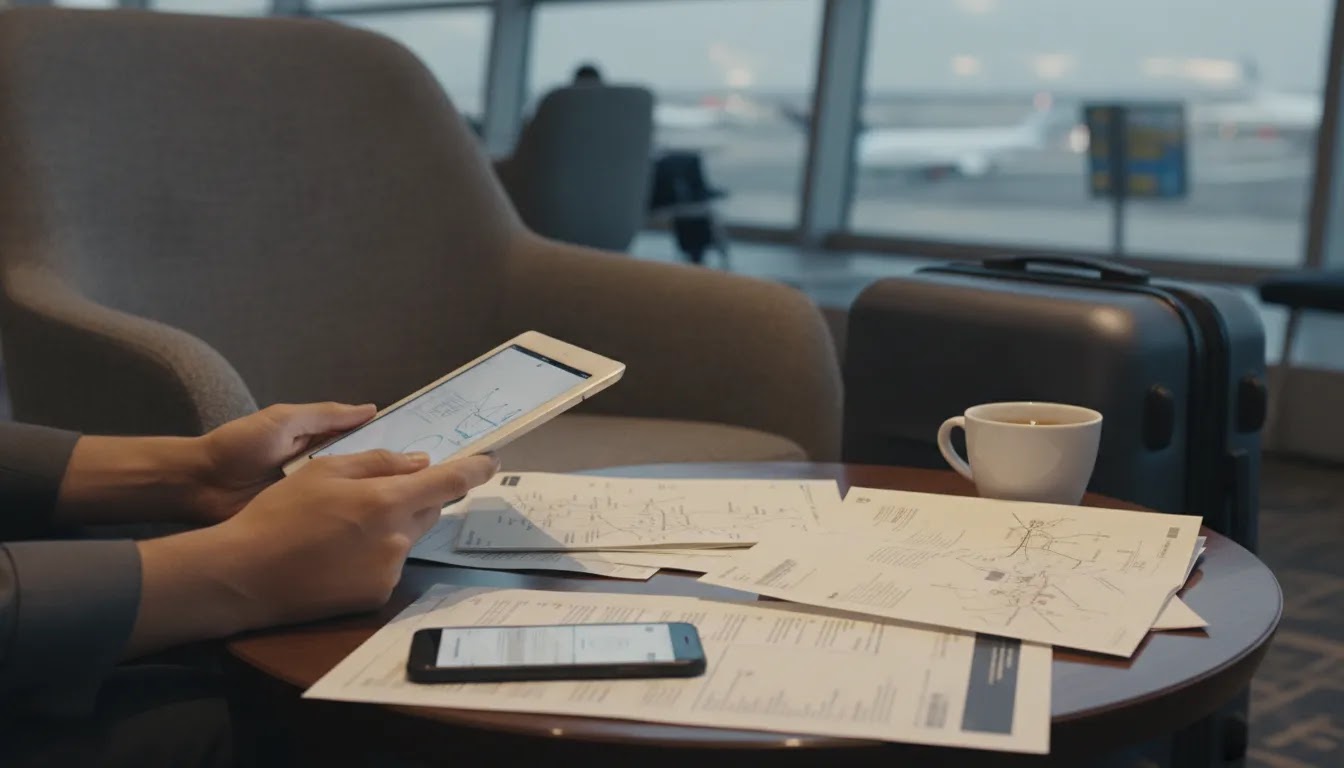 Most affordable flight bundles for business class comparison scene with premium travel planning in an airport