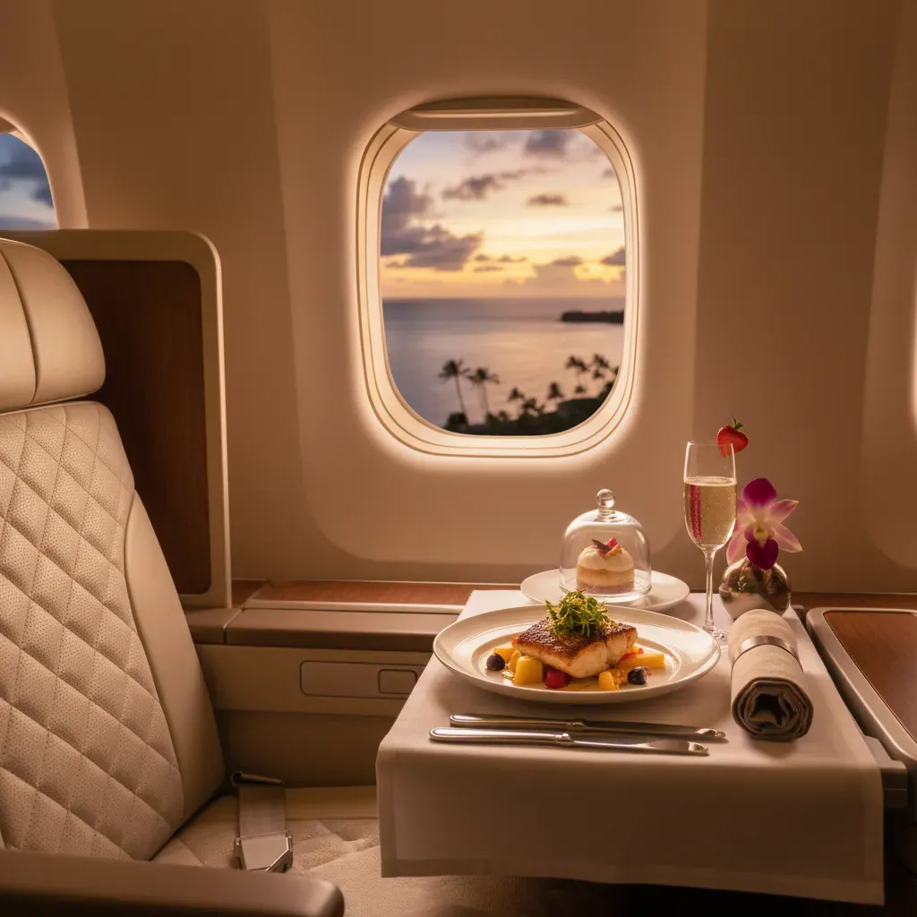 Comparison of first class flights to Hawaii showing recliner and lie-flat premium cabin seats