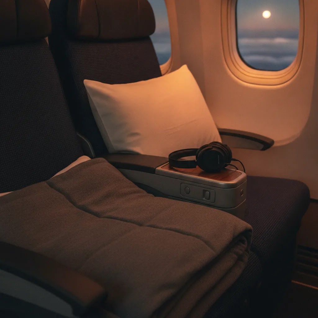 Condor premium economy review image showing sleep comfort details with pillow blanket and headphones on an overnight Europe flight
