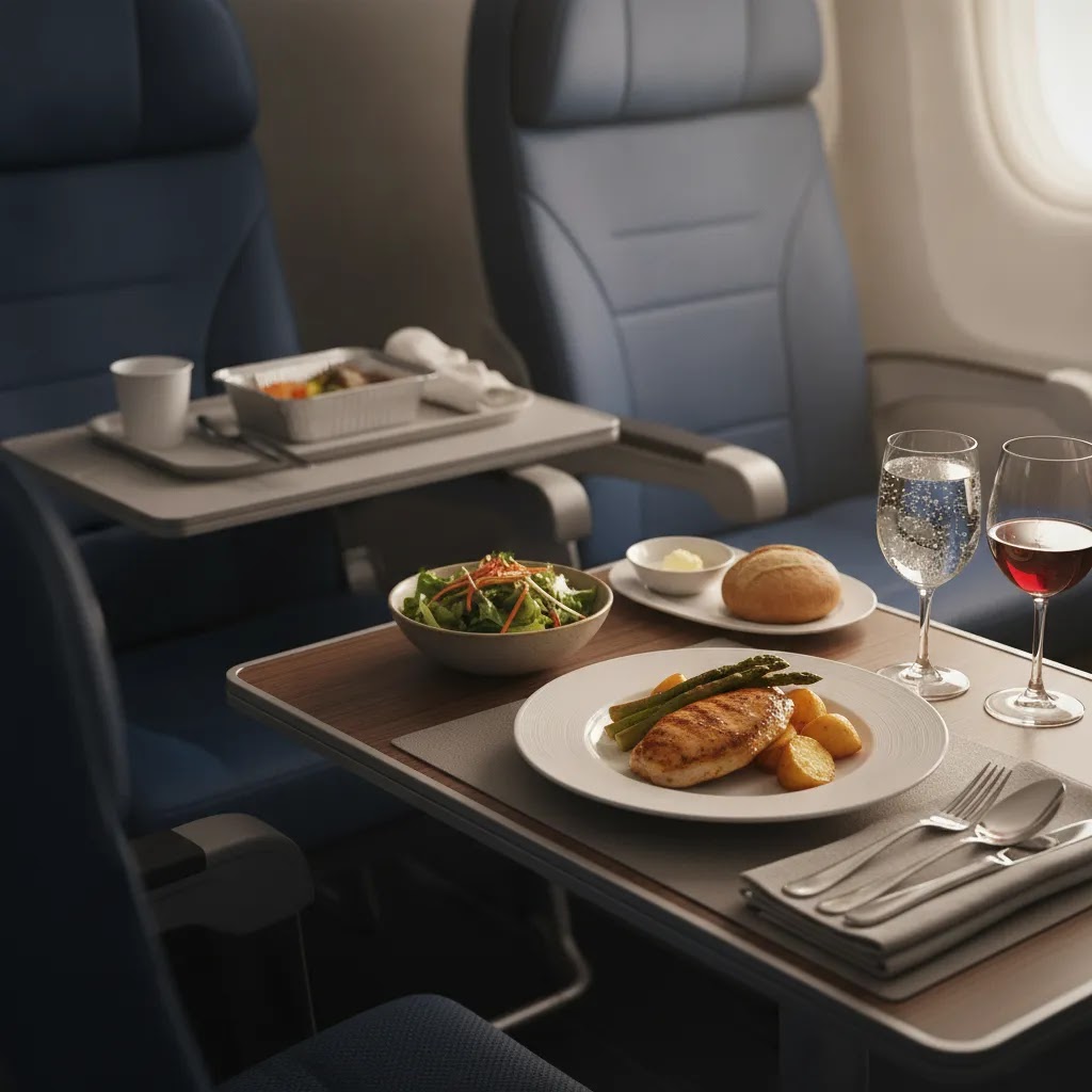 Condor premium economy review comparison image showing upgraded meal service and cabin detail differences