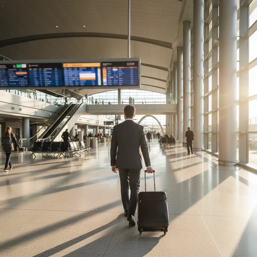 Choosing business class international routes in a modern airport terminal with premium traveler and carry-on luggage