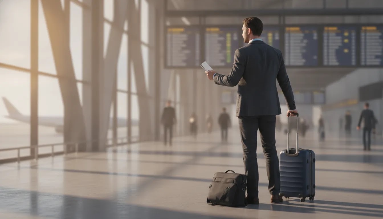 Corporate business class flights approval concept in an airport terminal with business traveler