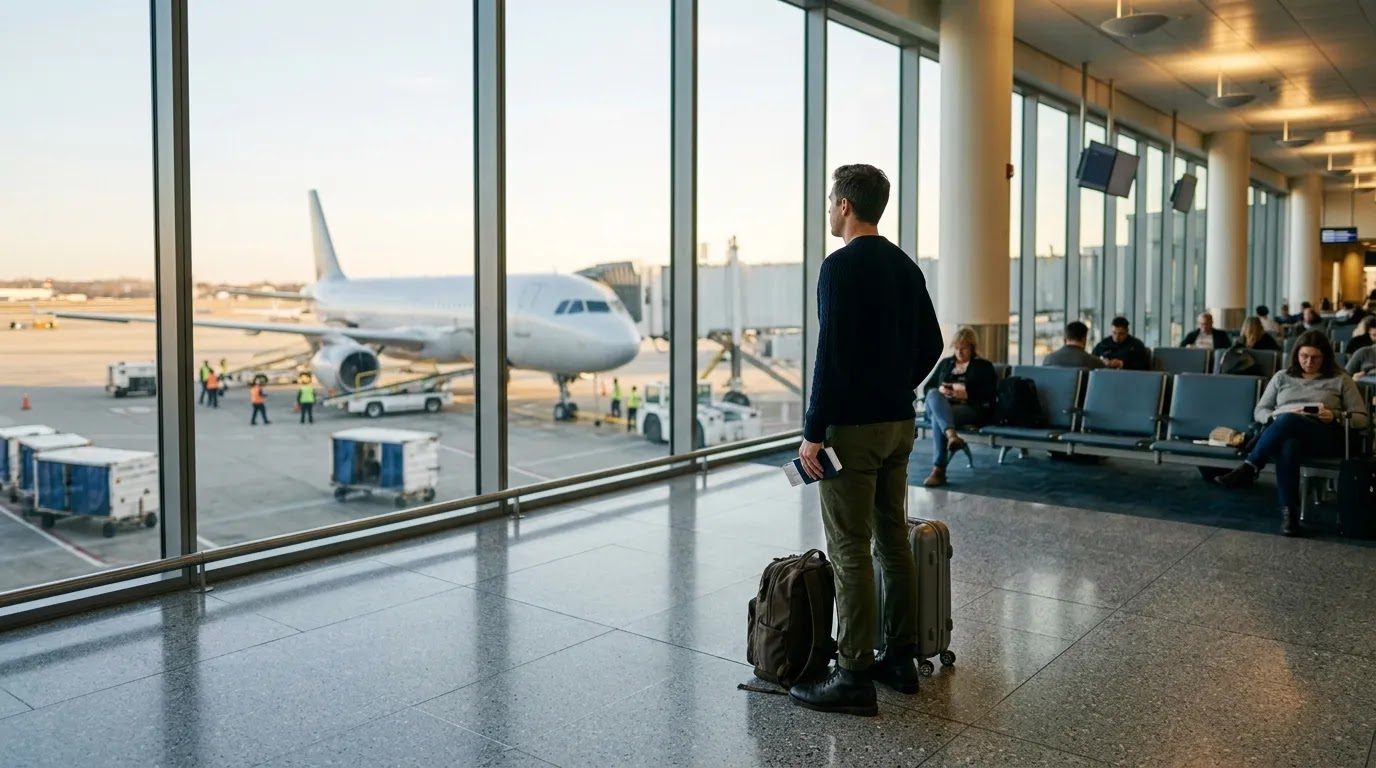 Delta first class upgrade cost considerations shown in a premium airport gate setting