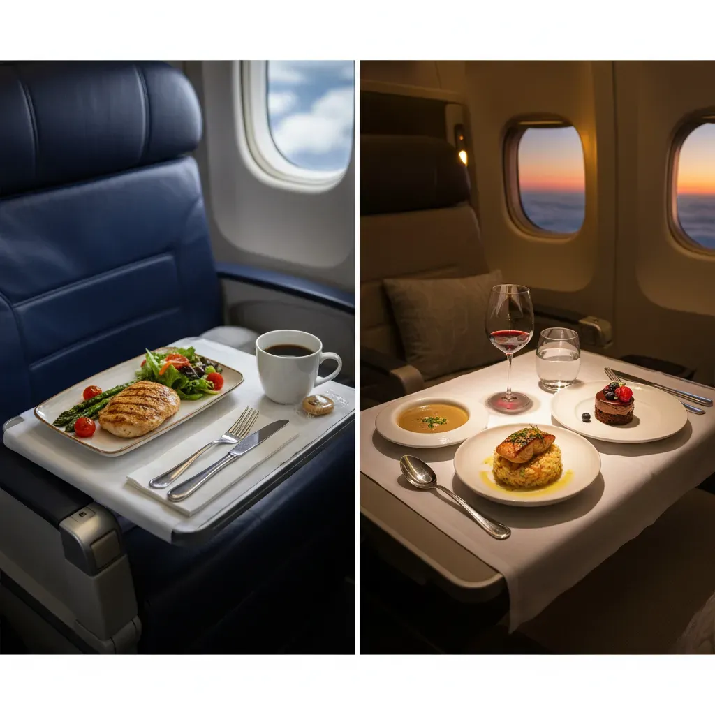 Delta first class vs business class onboard comfort comparison with dining service, premium seating, and lie-flat bedding
