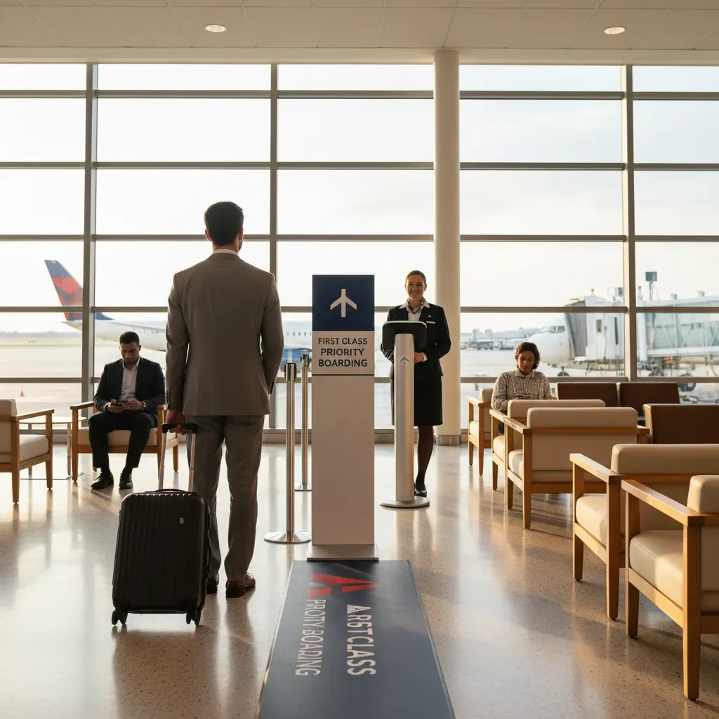 Delta One first class style lounge and ground experience with premium airport seating and refined preflight service
