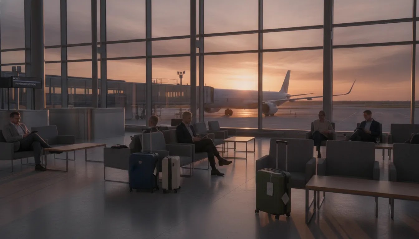 Delta premium economy airport boarding experience with premium terminal atmosphere before a long-haul flight