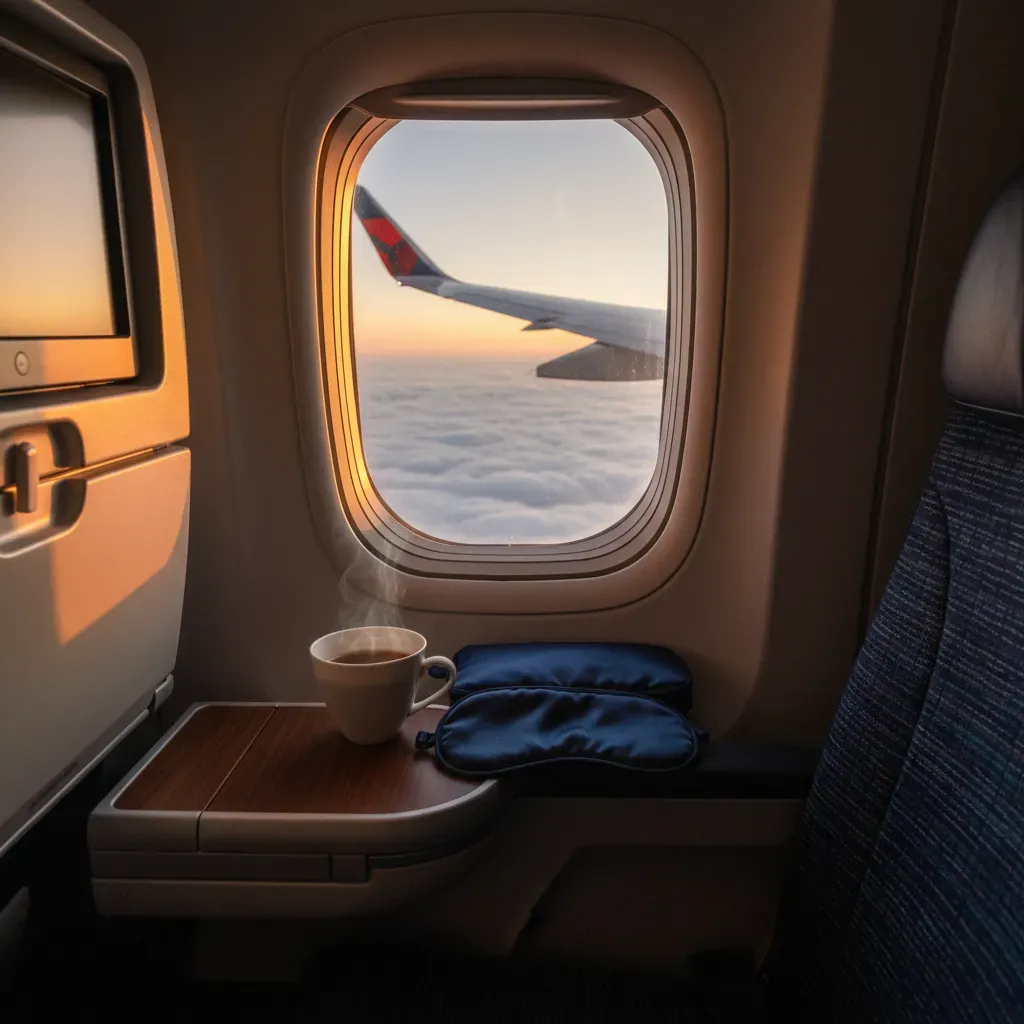 Delta Premium Select food and amenities shown in a premium economy seat on a long-haul flight