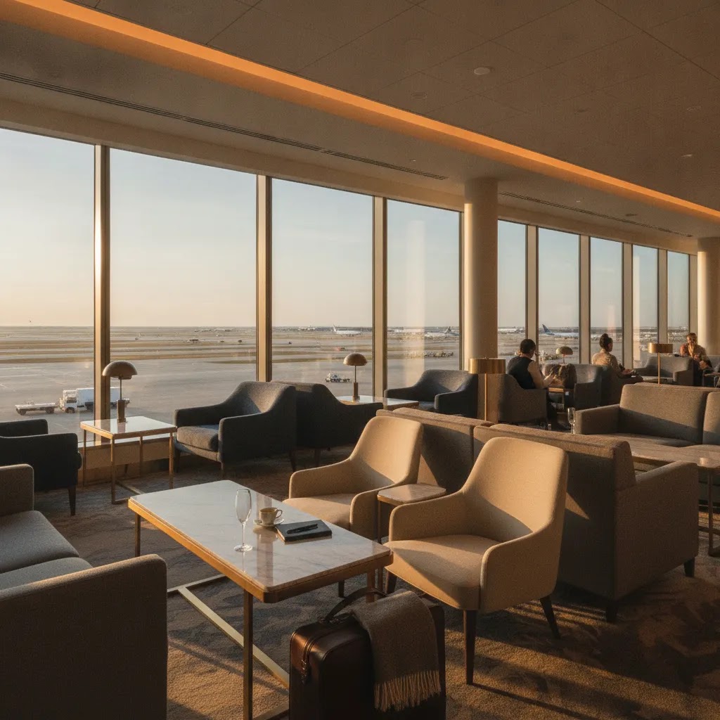 Business class flights from DFW lounge experience with premium seating and runway views