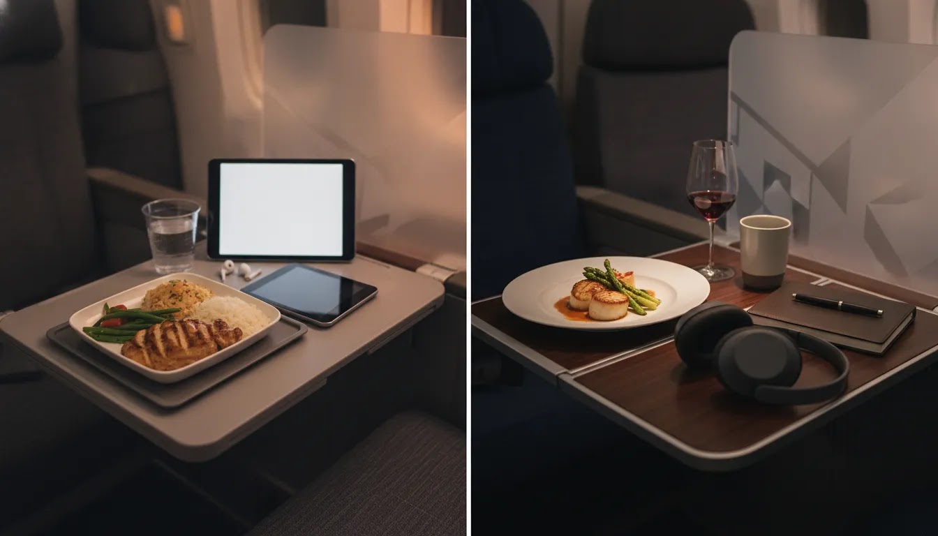 Premium economy vs business class dining privacy and productivity comparison on long-haul flights