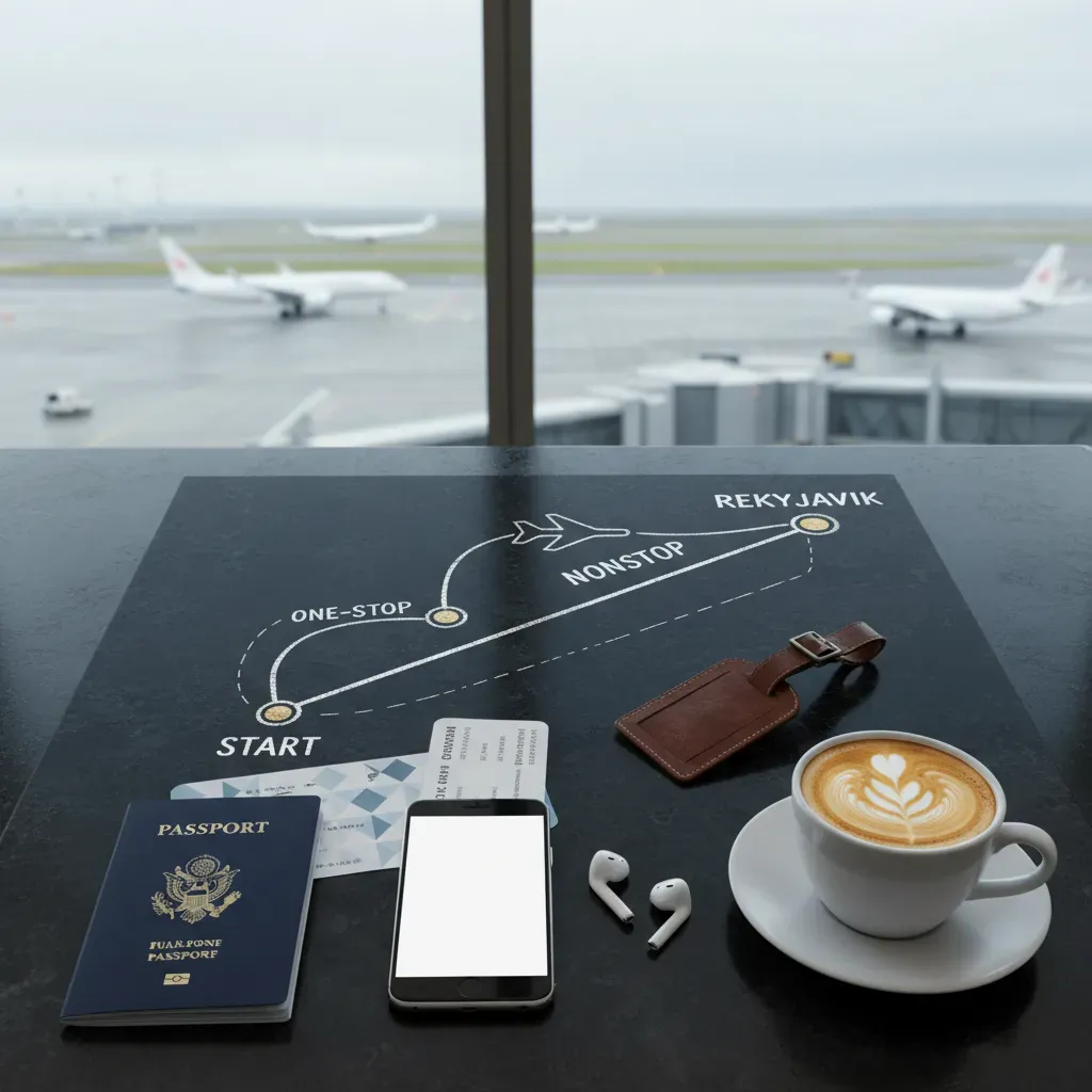 Business class to Reykjavik travel planning flat lay with passport coffee and airport backdrop