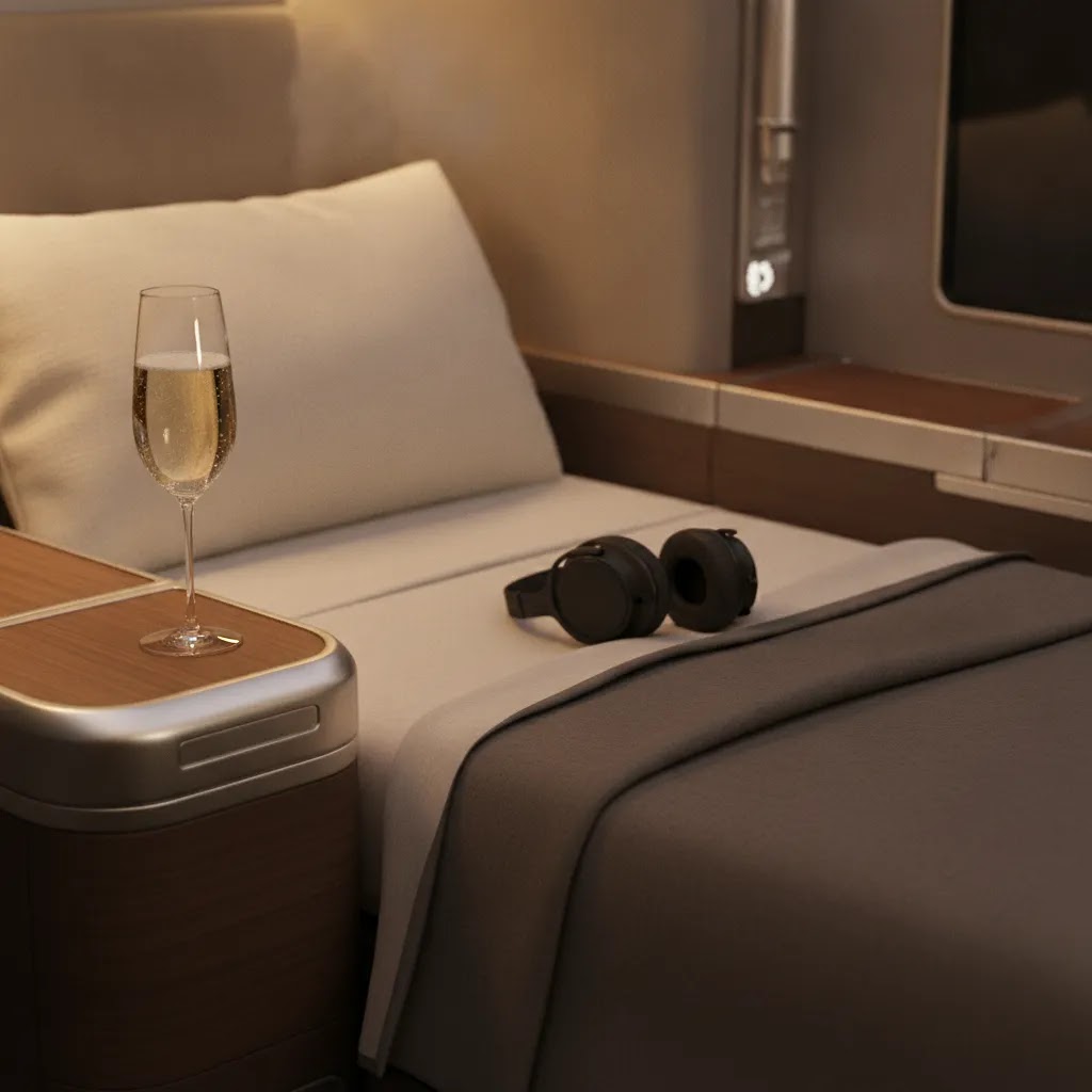 Discount business class to Europe cabin detail with lie-flat bedding and premium amenities