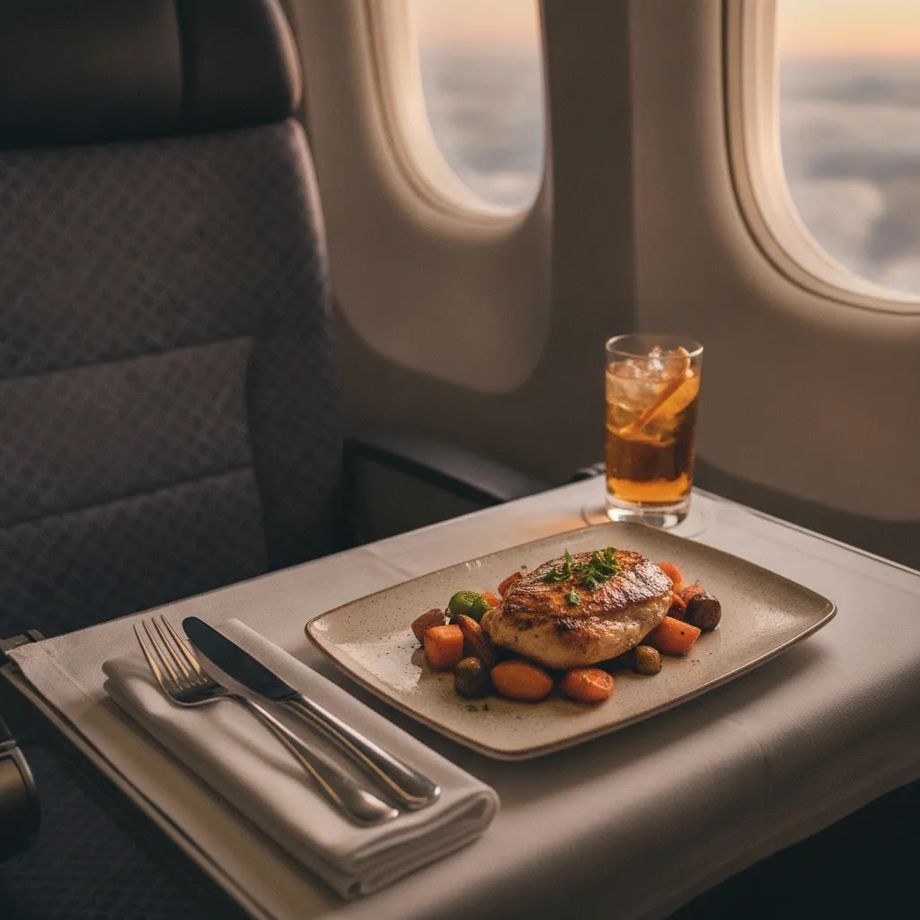 Domestic Boeing 737 first class meal service detail on tray table