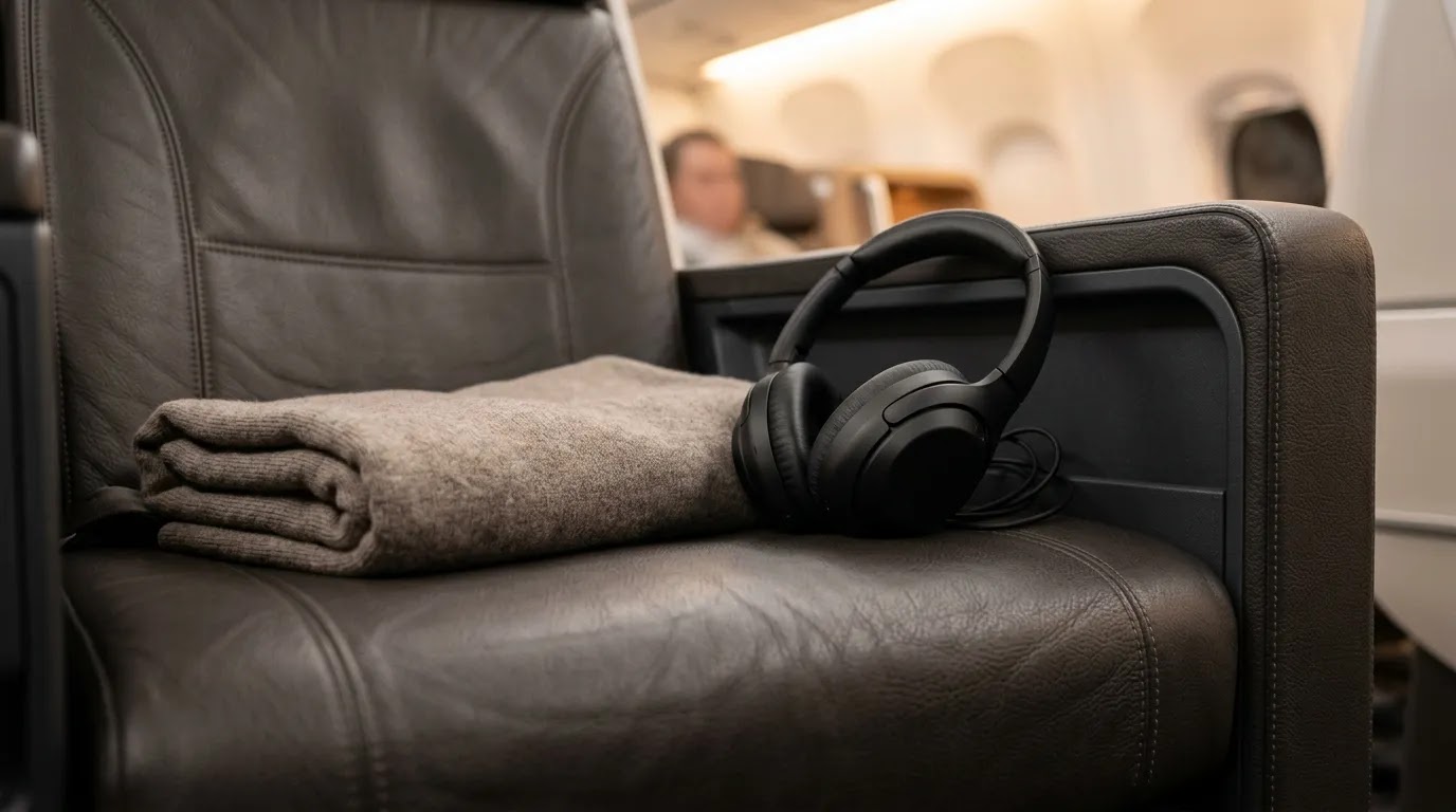 Alaska Airlines First Class benefits shown through a spacious premium domestic seat detail