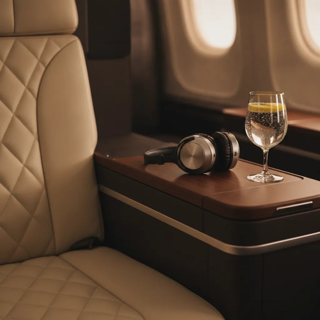Delta first class 2 hour flight style premium seat detail with wider armrest and cabin comfort