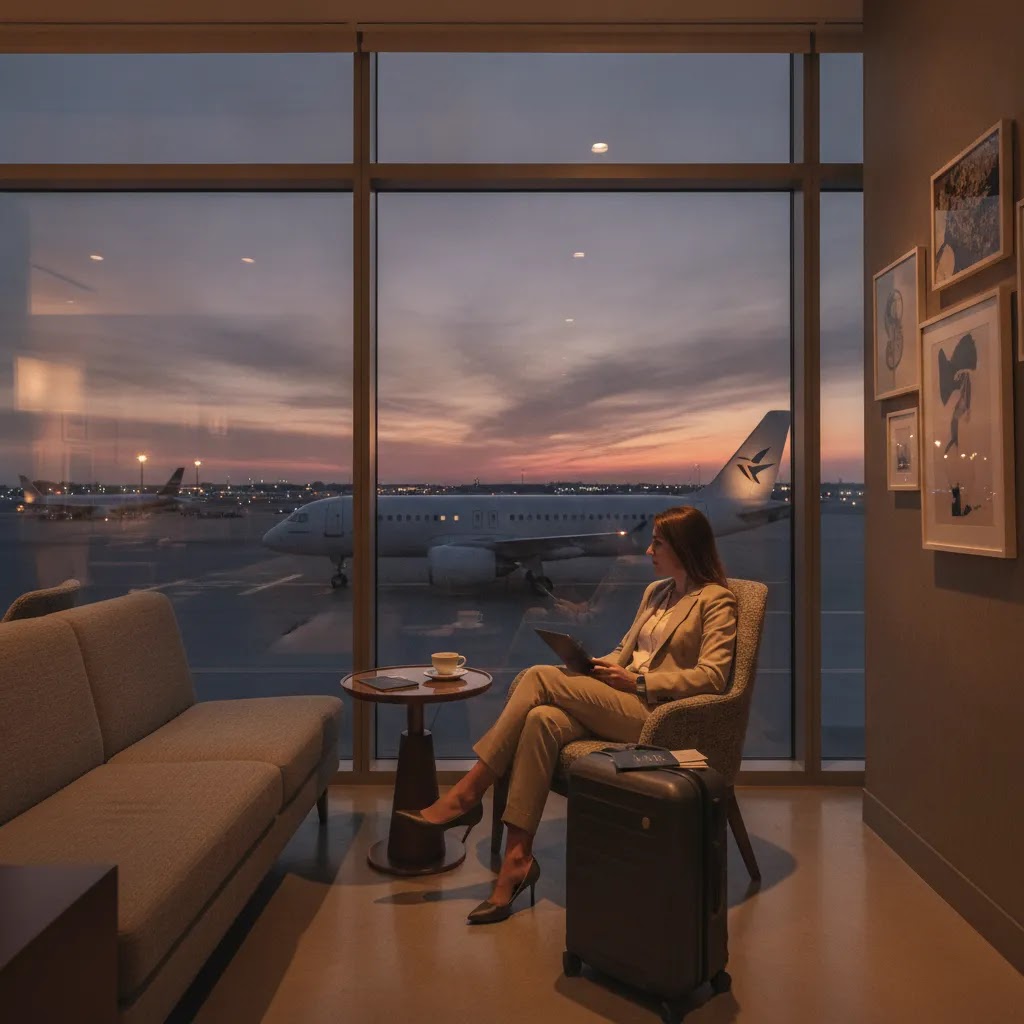 El Al premium economy ground experience with airport lounge seating and runway view