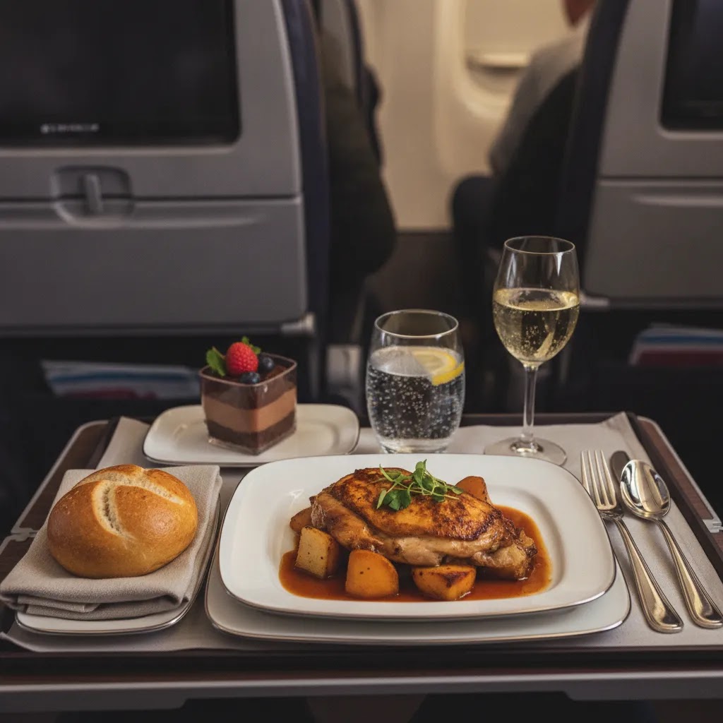 El Al premium economy review inflight kosher meal presentation on a tray table
