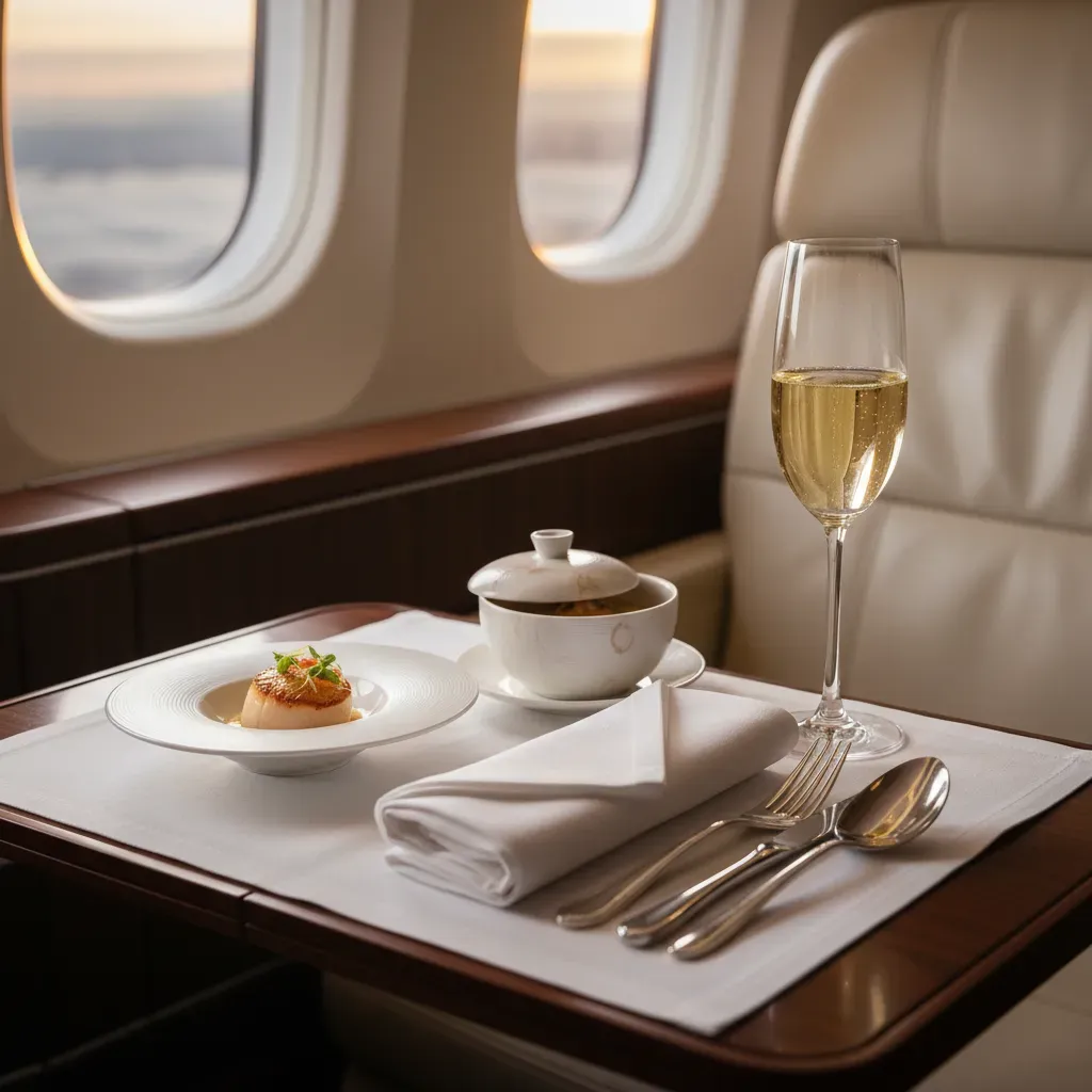 Elegant first class cabin interior illustrating premium route standards for first class flights to Thailand