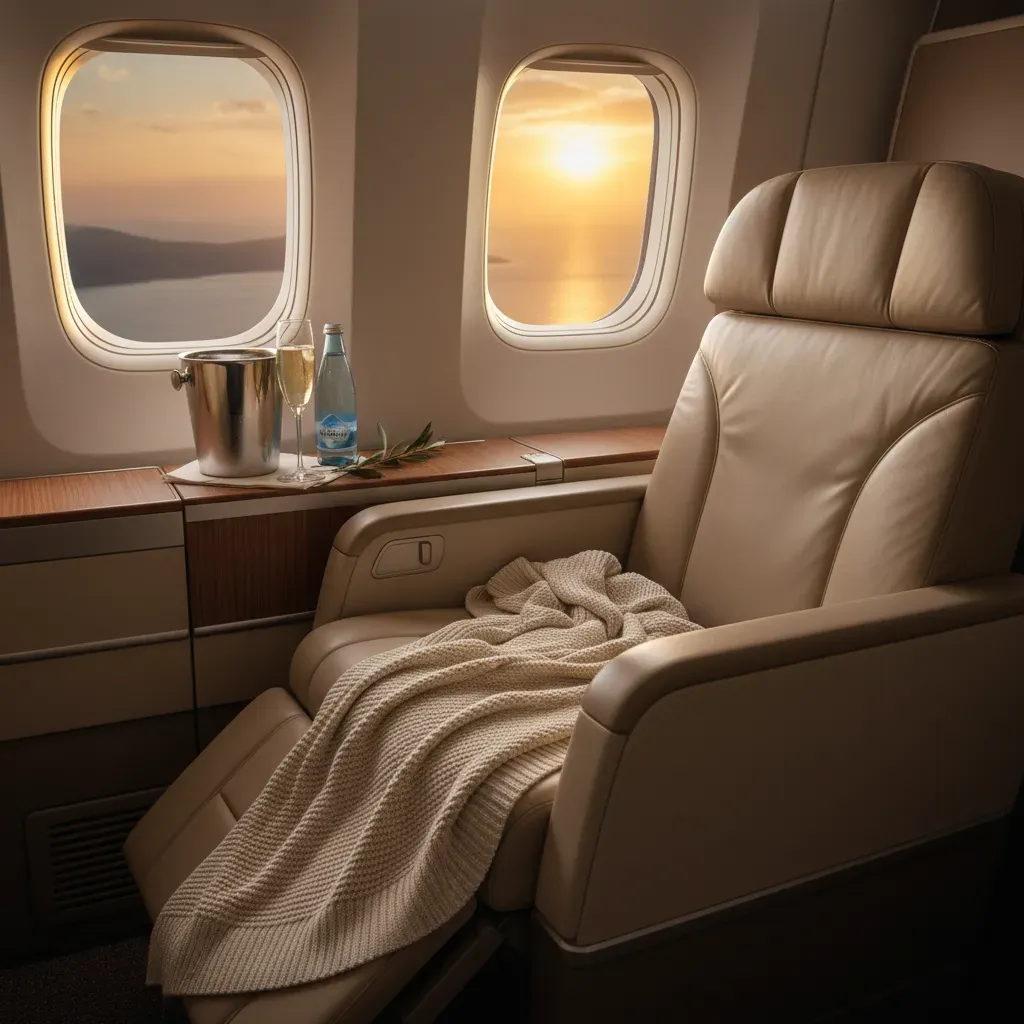 Elegant social image for business class flight deals to Israel featuring a luxury cabin seat and sunset window view