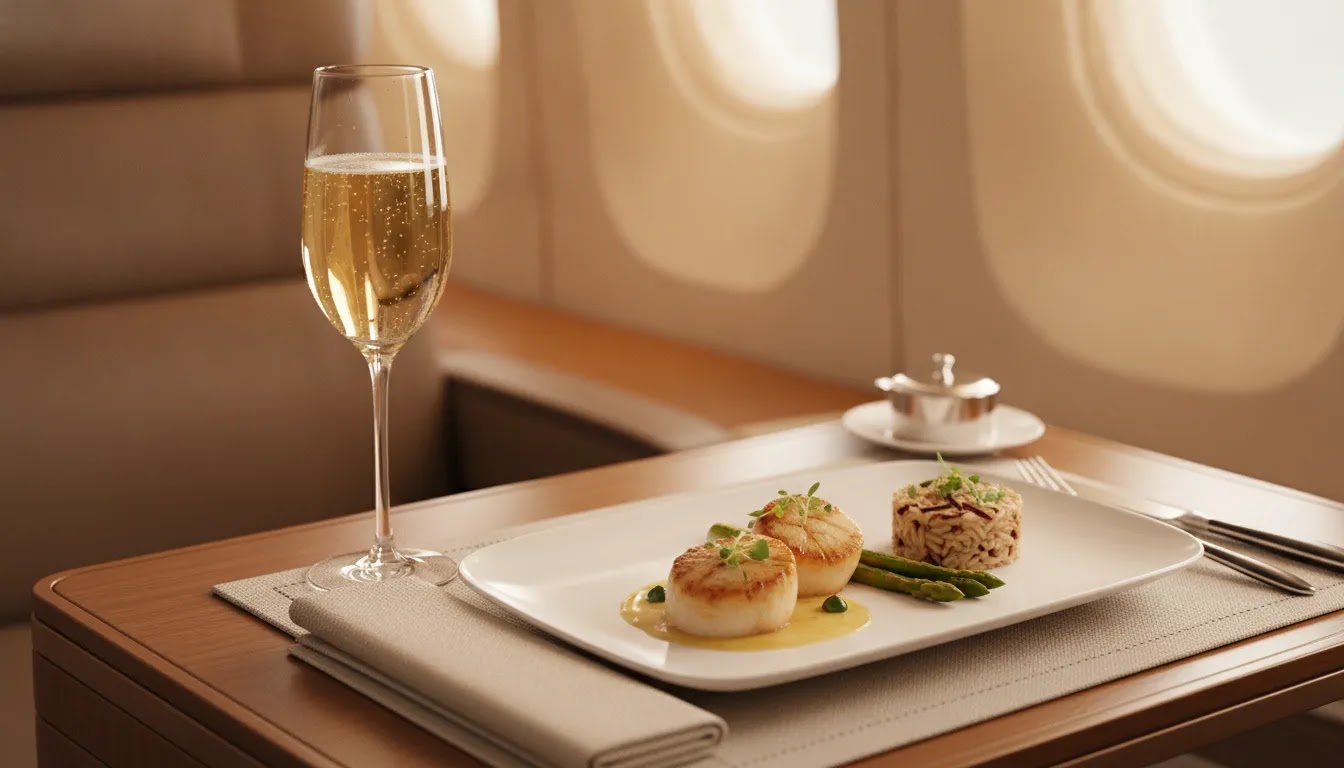 Premium cabin dining detail illustrating emirates flight deals value in business class